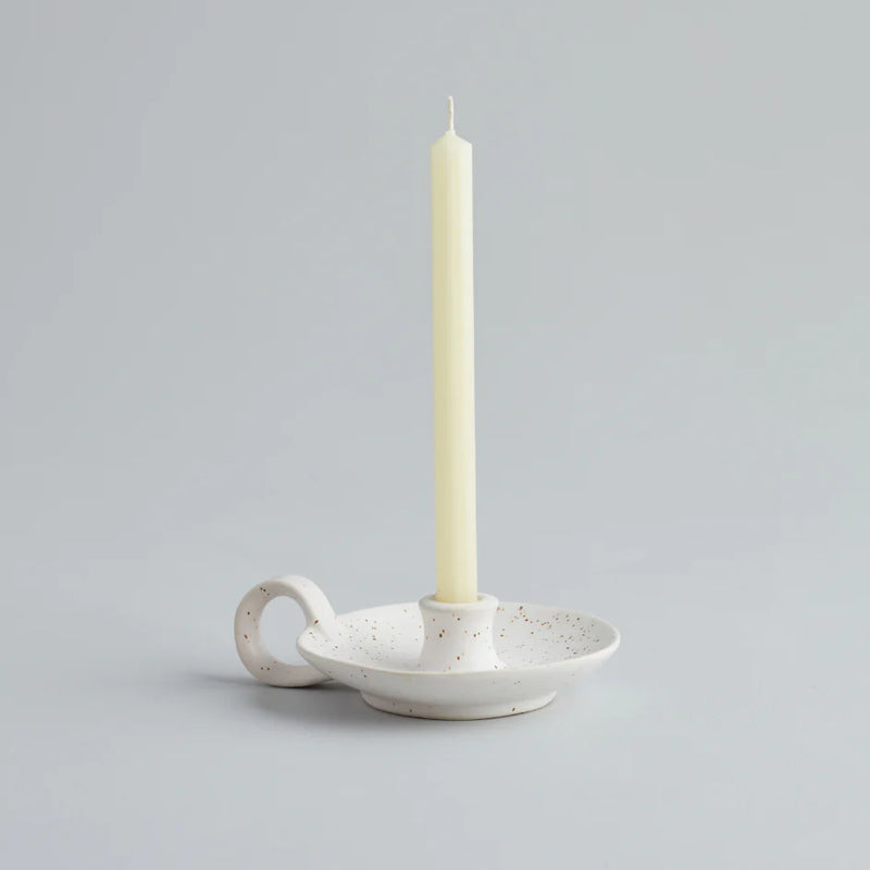 White Speckle Candle Holder With Handle